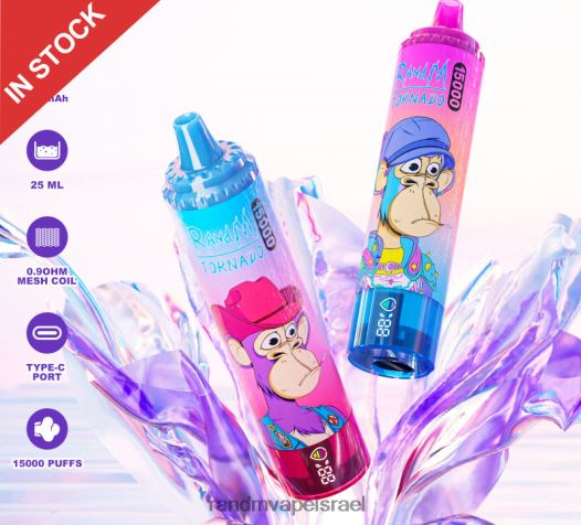 RandM Tornado Jerusalem - Fumot RandM Tornado מכשיר vape 15000 עם סוללה ותצוגת ejuice גרסה 2 BVXTB643 אגס אפרסק תפוח